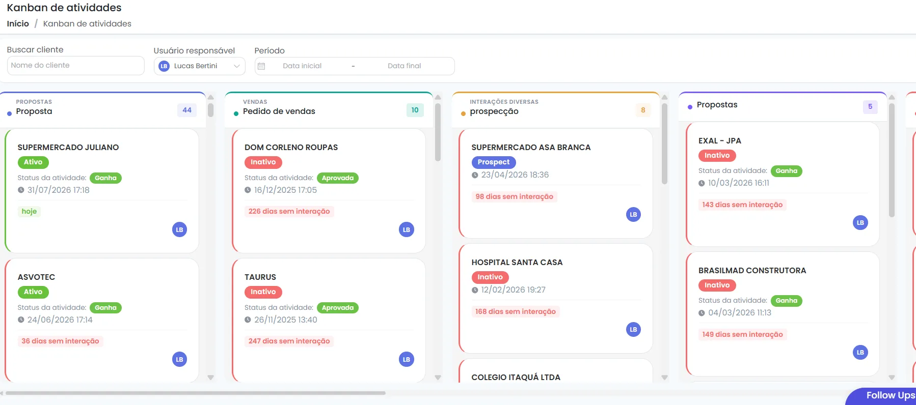 Kanban de atividades Clientar CRM