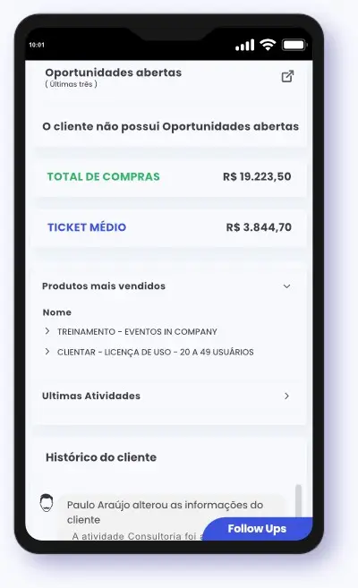 Tela do aplicativo Clientar CRM demonstrando os registros de interação com o cliente.